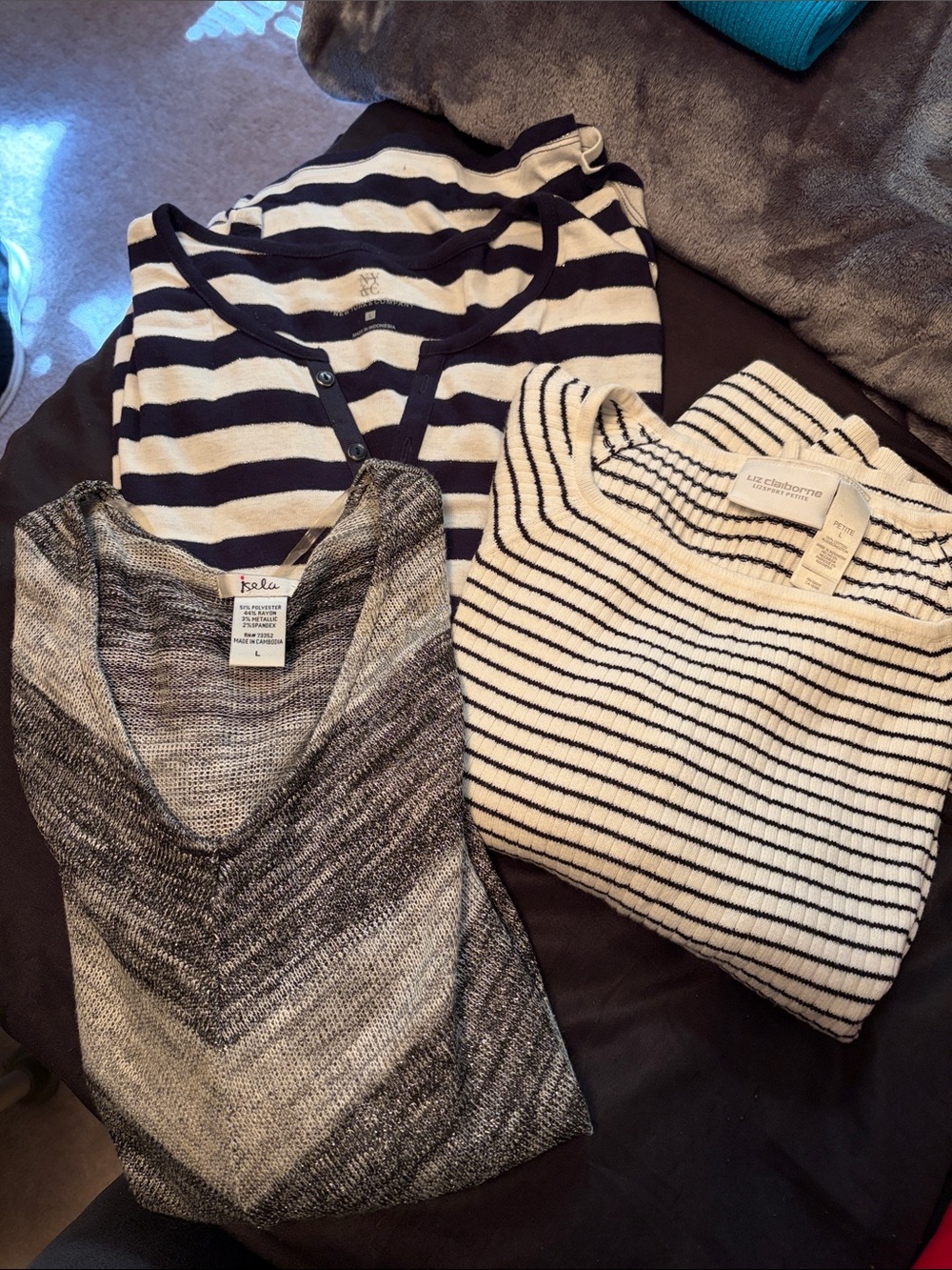 Market & Spruce Striped V-Neck Sweater Trio - Black, White, Gray